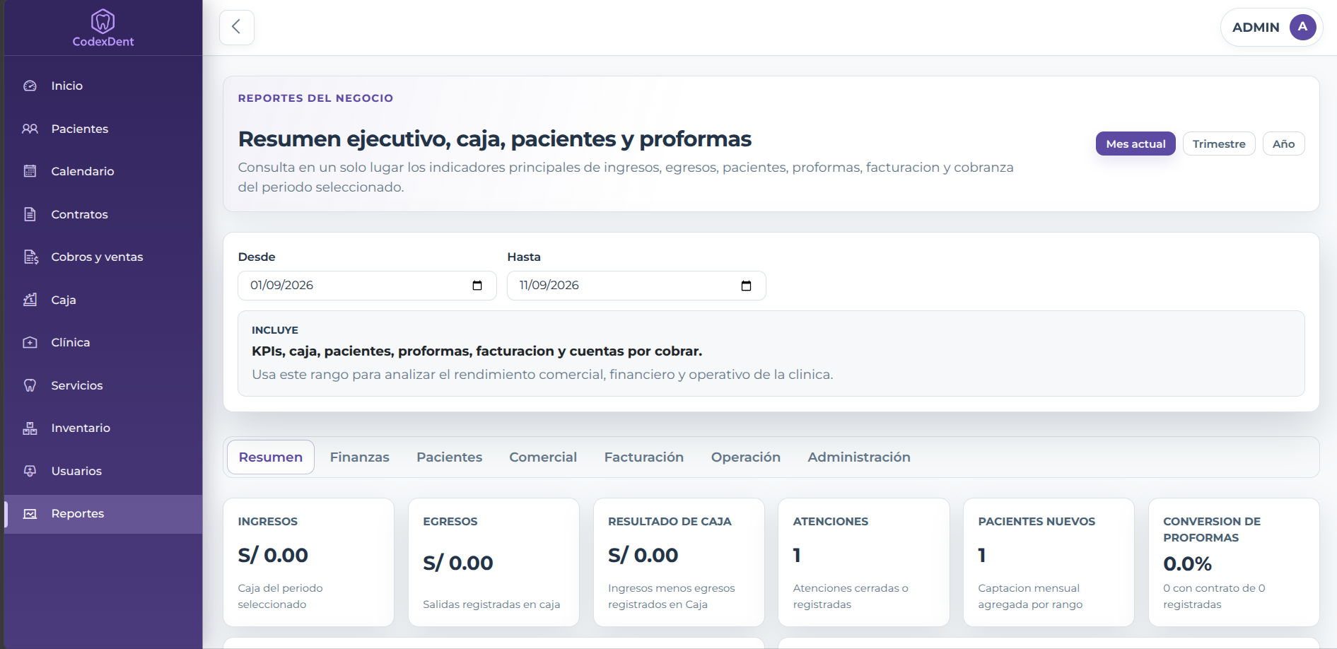 Vista previa de Reportes e indicadores