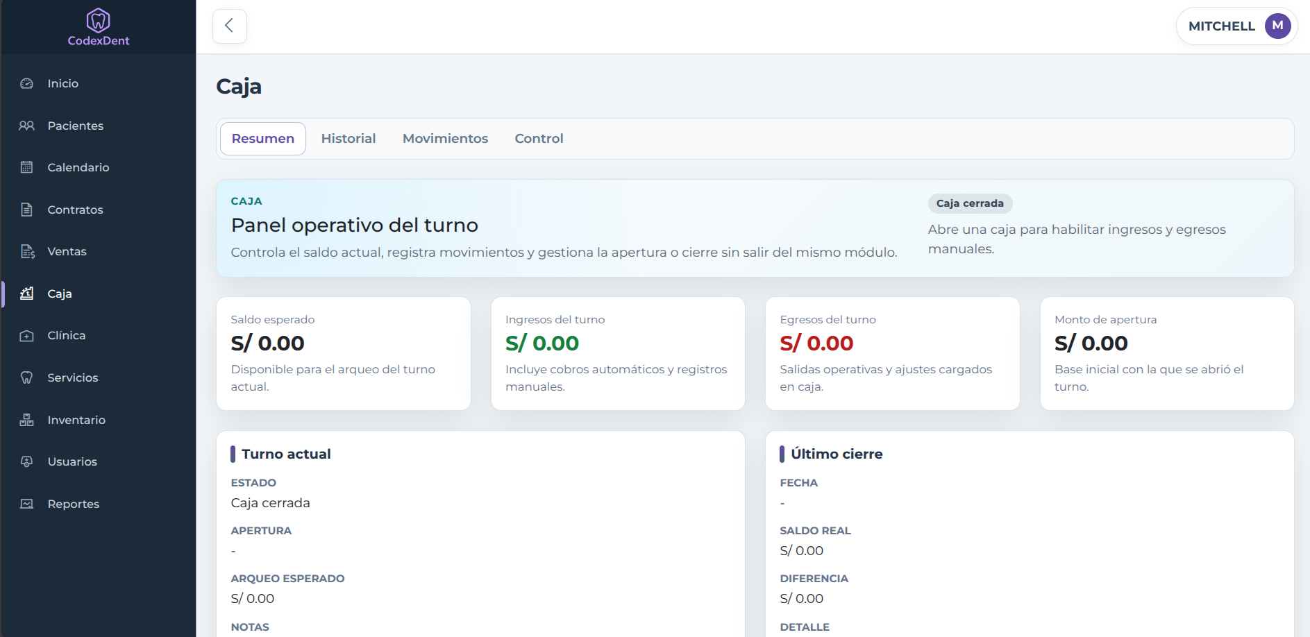 Vista previa de Caja y ventas